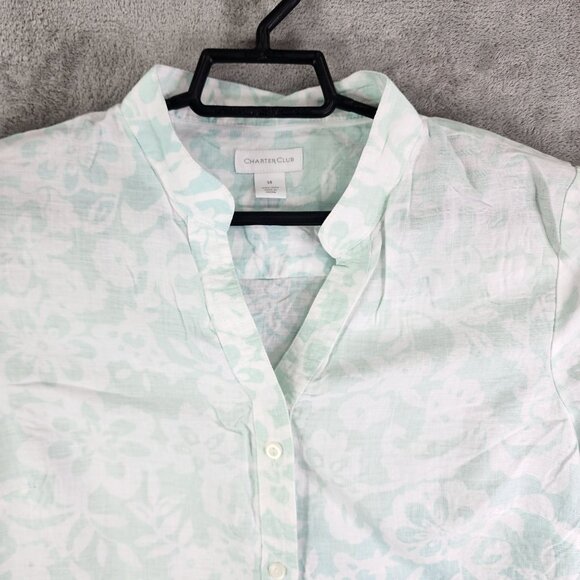 Womens Charter Club Blouse Shirt 100% Linen Teal White Floral Button Up Size 14 - Picture 4 of 10